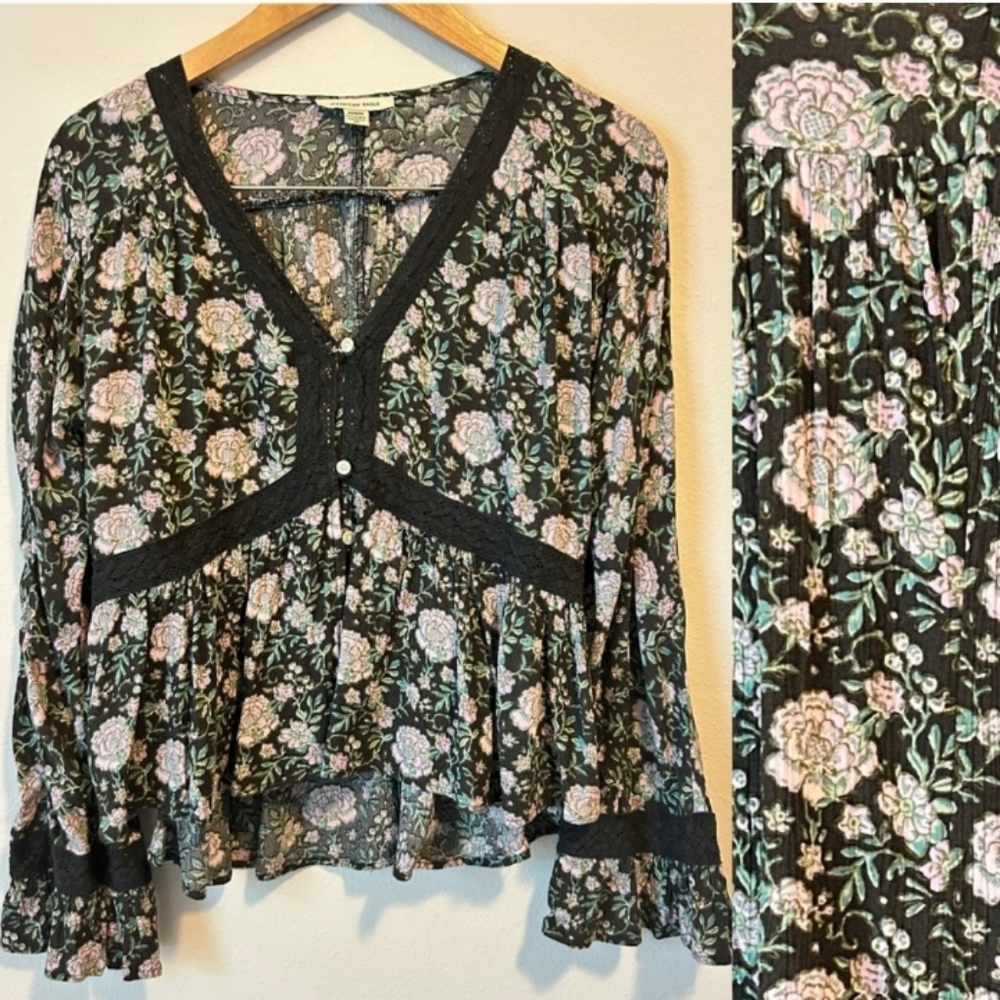 American Eagle M Women’s Floral Purple Peasant Lace Flare Sleeves Blouse